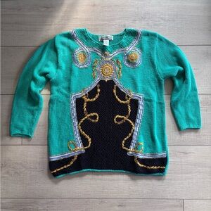 Vintage SK & Company Teal and Black Sweater with Gold Accents | Petite S